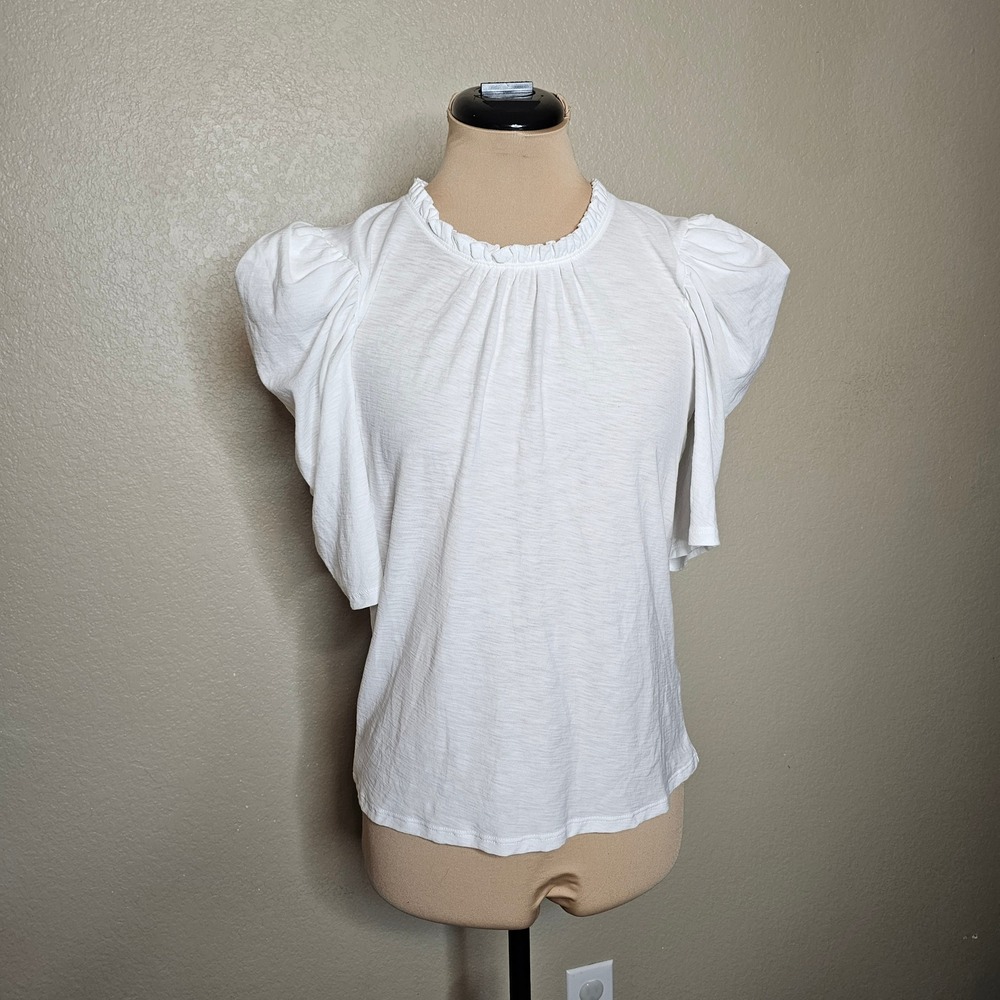 Nation LTD Emma Prim Proper Tee White Pima Cotton Puff Sleeve Ruffle Neck Top M - Picture 2 of 9
